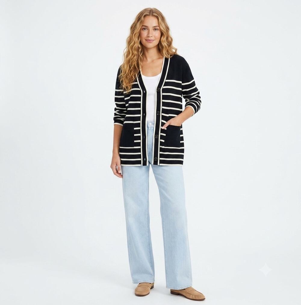Tuckernuck Lauren Striped Cotton Cardigan Size Small Black Ivory V-Neck Knit NWT